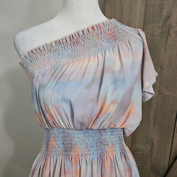 SKYLAR + MADISON Pastel Watercolor Chiffon One Shoulder Mini Dress. Blue/pink. M - Picture 4 of 14